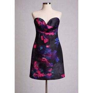 Tibi New York Silk Wool Strapless Floral Cocktail Dress Black Pink Blue Size 8